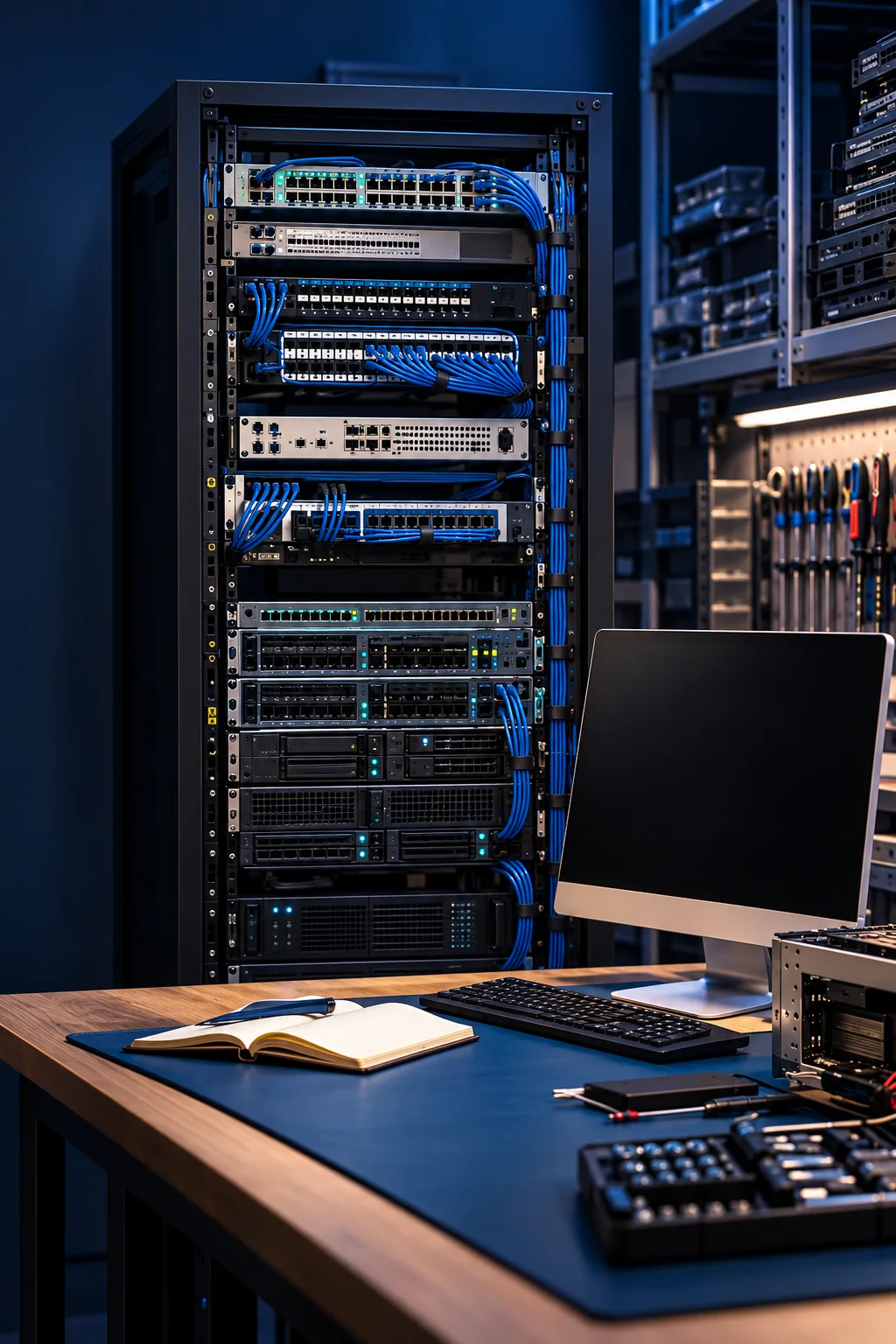 IT-Arbeitsplatz mit Serverrack und Netzwerktechnik